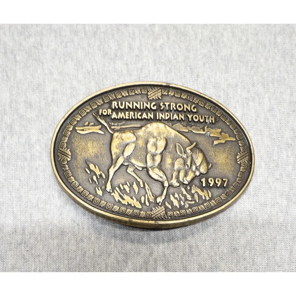 Vtg 1997 Brass Belt Buckle Buffalo Running Strong for‎ American Indian Youth